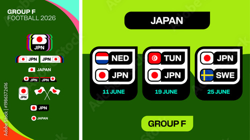 Football 2026 Tournament Group F Match Schedule Presentation Vector Layout with National Flags and Team Abbreviations, Dynamic Design.