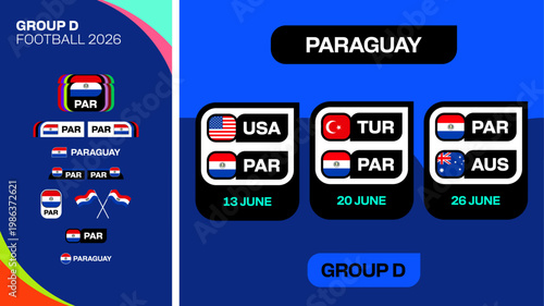 Football 2026 Group D match fixtures display with country flags and team names, a stylized vector for competition announcements.