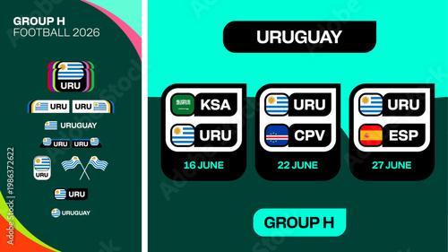 Football 2026 Tournament Group H Match Fixture Presentation, featuring Uruguay Team Schedule and Stylized Flags.