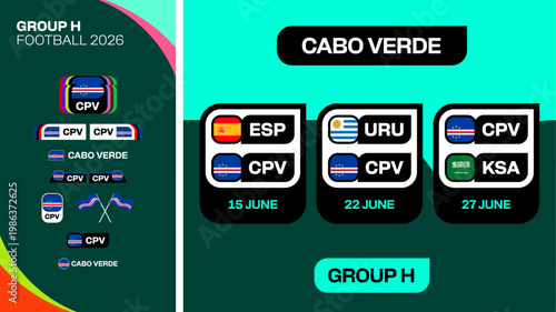 Football 2026 Group H Match Schedule with Country Flags for International Tournament Announcement in Modern Stylized Vector