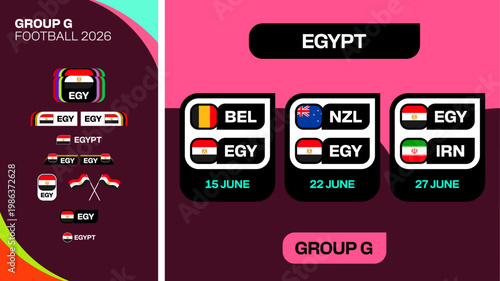 Football 2026 Tournament Group G Match Schedule Presentation with National Team Flags and Dates, Modern Stylized Sports Graphic.