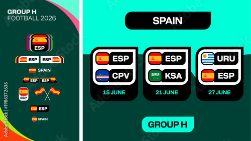 Football 2026 Group H Match Schedule Vector Graphic Set Announcing International Teams Competition Dates and Flags in Modern Style