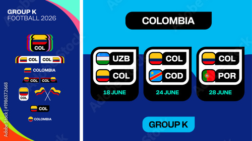 Football 2026 Group K Match Schedule Presentation with Colombia's Fixtures and Team Flags in Modern Vector Style