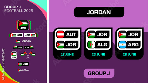 Vibrant Football 2026 Tournament Match Schedule Presenting Group J Teams and Flags for Sporting Event Announcements and Promotional Use