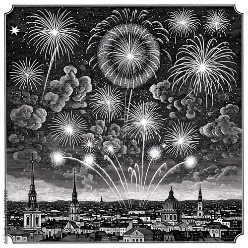 Vintage illustration of fireworks over city skyline at night