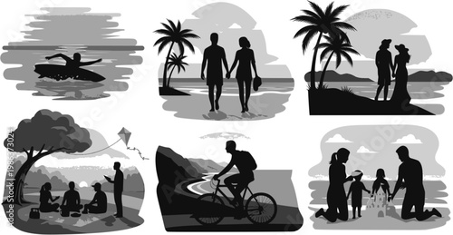 Collection of black vector icons representing summer vacation activities