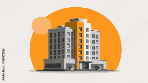 Illustration of a modern apartment building with cars parked outside and an orange sun in the background