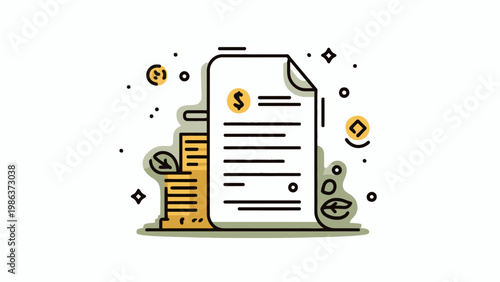 Detailed Financial Report and Investment Planning Document Icon with Money Stacks, Emphasizing Business Growth and Wealth Management