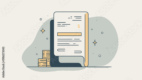 Clean graphic depiction of an invoice or bill document alongside a stack of money, illustrating modern business finance, expense management, and digital billing processes with a minimalist icon style