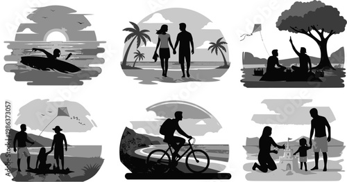 Collection of black vector icons representing summer vacation activities