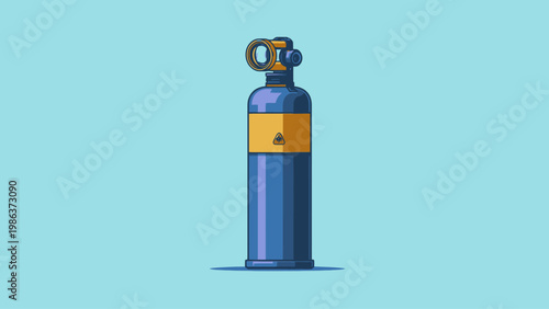 Blue Oxygen Cylinder Icon Illustration on a Light Blue Background with Yellow Label