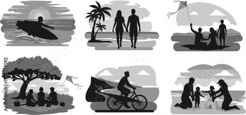 Collection of black vector icons representing summer vacation activities