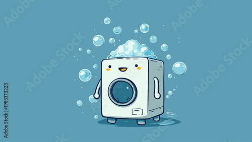 Adorable animated washing machine character with a bubbly head, joyfully surrounded by floating soap suds, illustrating the charm of clean laundry and freshness
