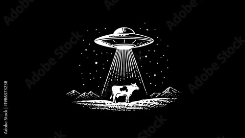 Alien abduction of a cow from a field under starry night sky with a UFO beam light