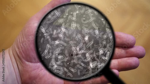 Magnifying Glass Reveals Bacteria And Germs On Human Hand