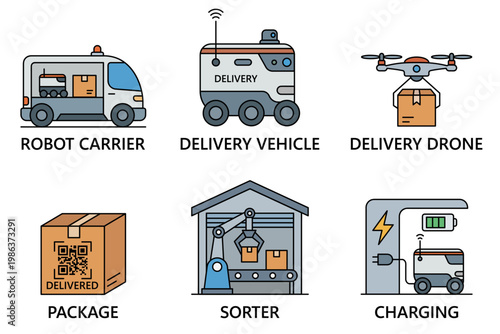 Logistics automation technology set with charging station robot arm warehouse conveyor and smart delivery vehicles