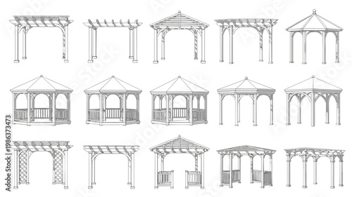 Collection of line of pergolas and gazebos in various styles arbor garden structure outdoor structure