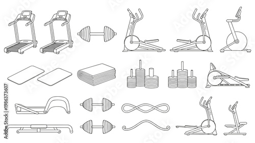 Collection of line fitness equipment and accessories, including treadmills, elliptical machines, dumbbells, weight plates, mats, and a folded towel