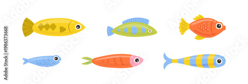 Colorful fish animal illustration set. Summer vacation travel concept. Fishing activity cartoon graphic collection.