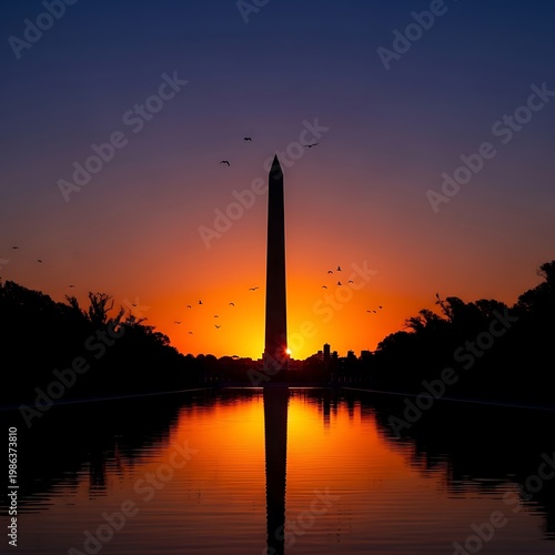 Washington monument at sunset reflection in tidal basin with monument