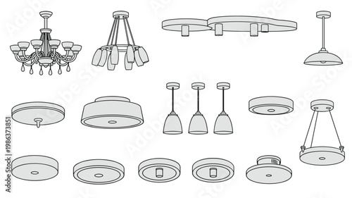 Collection of diverse ceiling light fixtures, including chandeliers, pendant lights, and flush mounts, rendered in a line style
