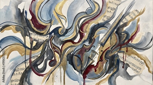 Abstract Music Composition with Violins and Colorful Swirls
