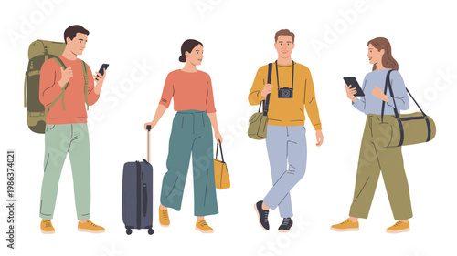 Four diverse travelers with luggage and phones, illustrated in a flat, modern style people suitcase