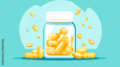 A cartoon illustration featuring a transparent jar filled with golden pills, set against a blue background