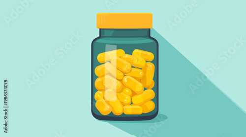 A cartoon jar filled with yellow capsules on a blue-green background with a long shadow