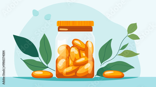 A clear glass jar filled with yellow oval-shaped capsules, surrounded by green leaves