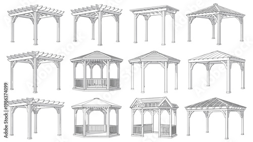 Twelve architectural line of pergolas and gazebos in various styles architectural line outdoor structure