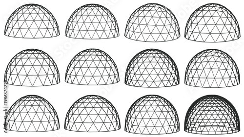 Twelve black and white line of geodesic dome frameworks, arranged in three rows of four dome structure