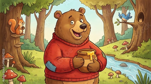 Cheerful Cartoon Bear Enjoying Honey in a Colorful Forest Setting
