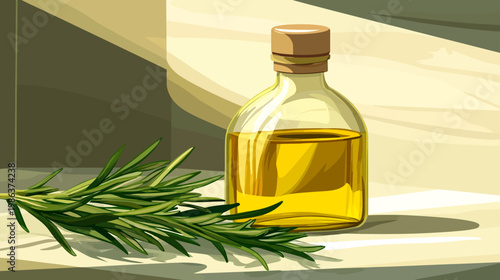 A still life of a rosemary sprig beside a glass bottle filled with oil in warm, inviting light