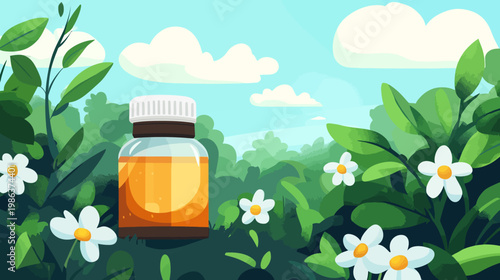 An illustration depicting a bottle of amber liquid among lush greenery, flowers, and sky
