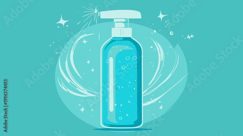 A teal illustrated bottle of sanitizing liquid, with bubbles, stars, and abstract swirls