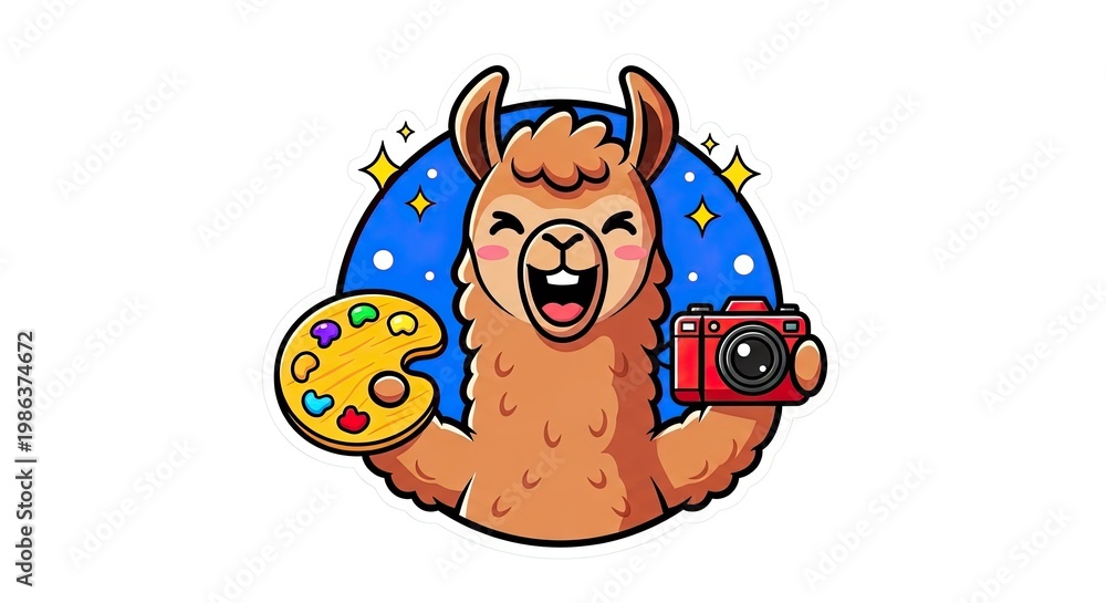 Fototapeta premium Cheerful llama holding a palette and camera on a blue circle background