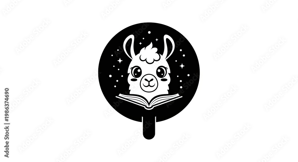 Fototapeta premium Charming llama reading book illustration against a black circle background