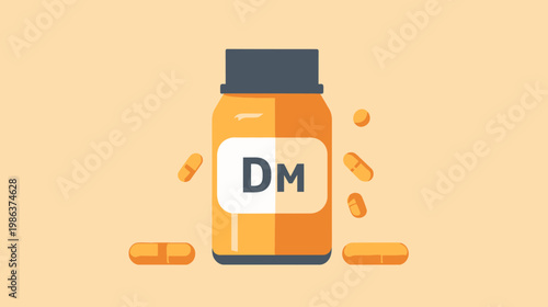 Illustration of a pill bottle with "DM" label and scattered capsules against a pale orange background