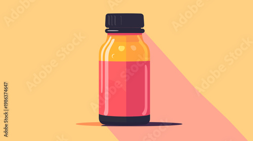 Stylized, cartoon-like bottle with orange and red liquid, black cap, cast shadow, peach background