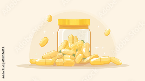 A cartoon illustration of a transparent pill bottle, overflowing with yellow capsules