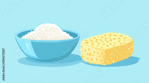 Illustration featuring a bowl of white substance and a yellow sponge against a blue backdrop