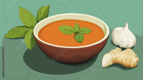 A vibrant, illustrated bowl of tomato soup adorned with basil leaves, alongside garlic and ginger