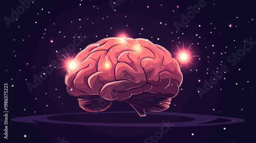 Artistic depiction of a glowing brain in a starry cosmic setting, emphasizing thought and the cosmos