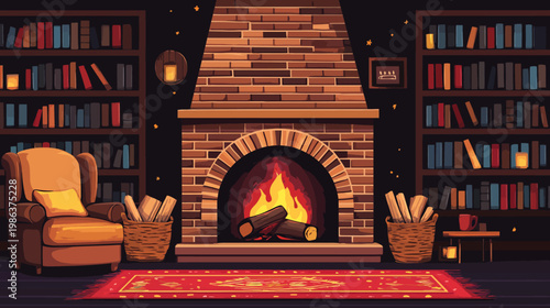 Cozy pixel art scene, featuring fireplace, armchair, bookshelves, rug, and lit candles in warm colors