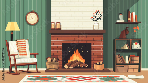 Cozy interior scene fireplace with burning fire, rocking chair, bookshelf, and a colorful rug