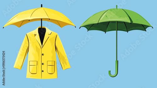 Stylized illustration of a yellow raincoat with a matching umbrella and a separate green umbrella