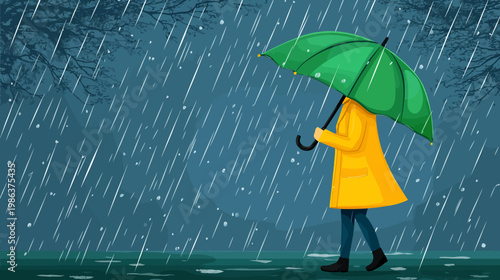 A person in a yellow raincoat walks in the rain under a green umbrella, depicted in cartoon style