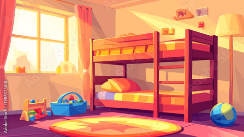 A warmly lit children's bedroom featuring a bunk bed, toys, and a sunny window