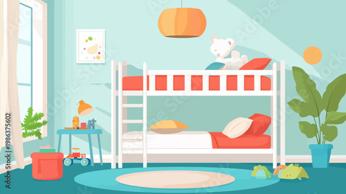 A cheerful children's bedroom design featuring a bunk bed, toys, plants, and natural light